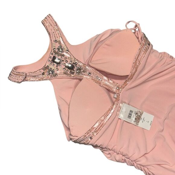 NWT CACHE pink Beaded Women's Ruched Racerback Sleeveless Maxi Evening Dress - Picture 6 of 10